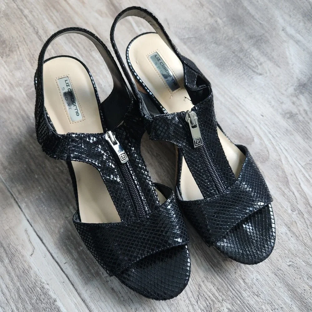 Liz Claiborne Sport Black Snakeskin Wedge Sandals Cork Heel Zip Womans Size 10